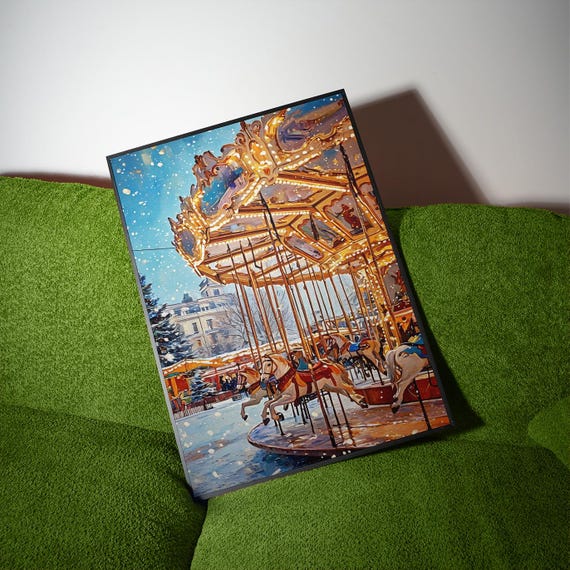 Winter Carousel Poster Vintage Christmas Market Art Snowy Fairground Wall Decor Print
