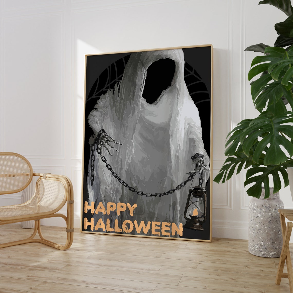 Happy Halloween Ghost In Chains Lantern Dark Spooky Vintage Poster - Image 4