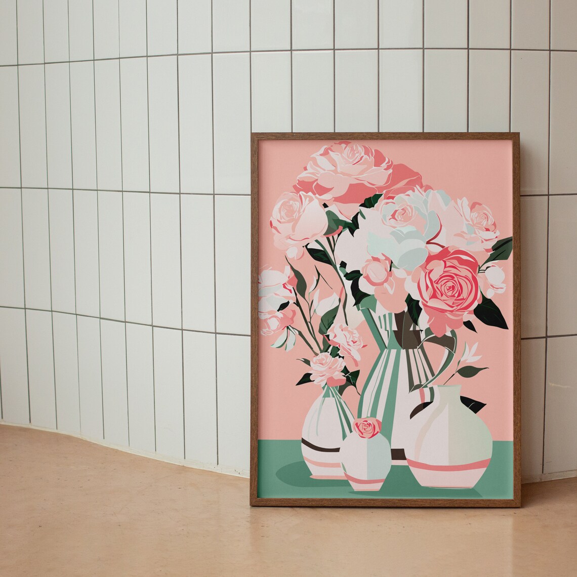 Pink Roses Bouquet In Pastel Vases Sweet Floral Illustration Poster - Image 2