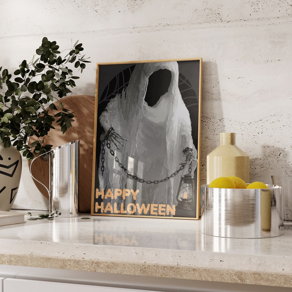 Happy Halloween Ghost In Chains Lantern Dark Spooky Vintage Poster - Image 2