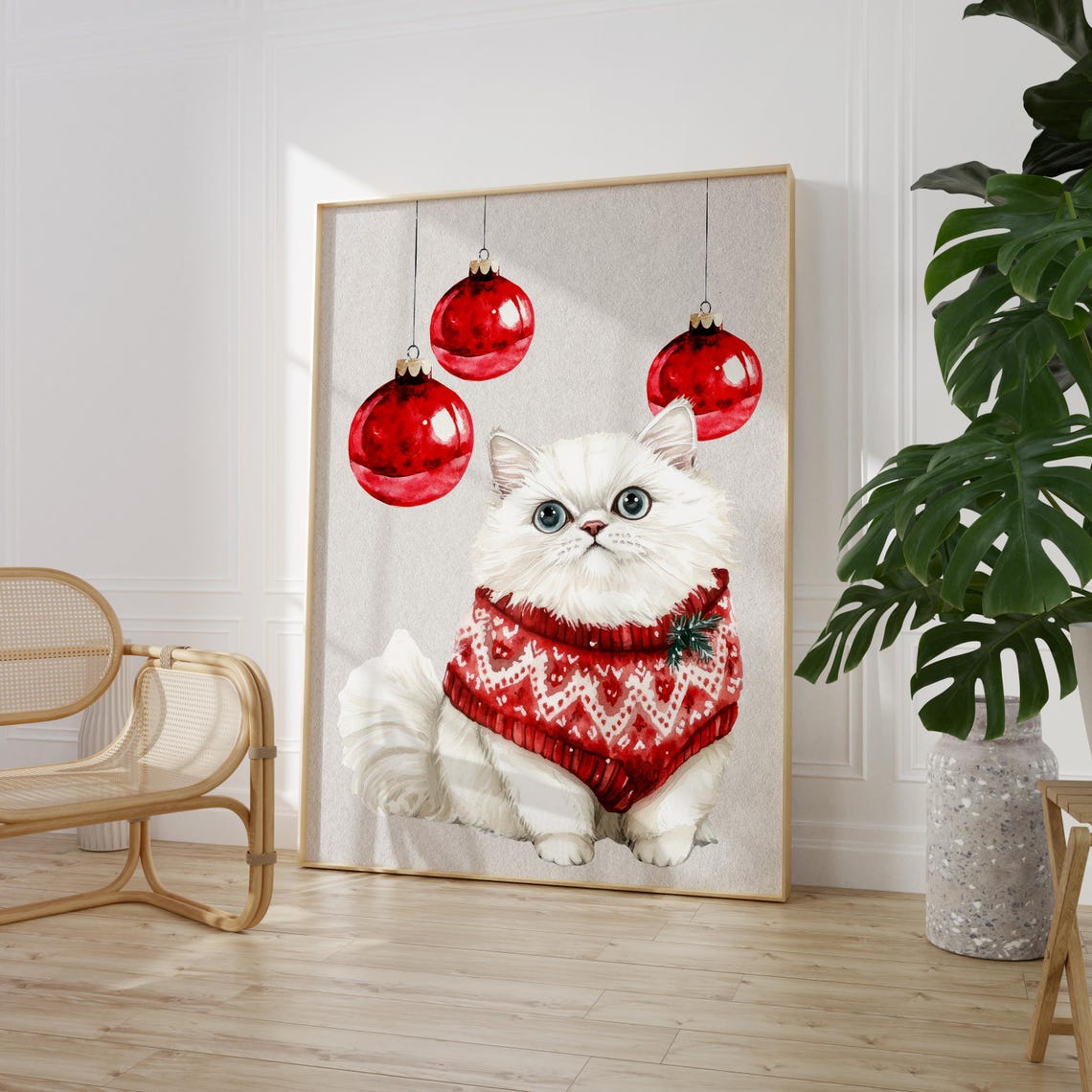 White Persian Cat Christmas Sweater Red Baubles Cute Wall Poster - Image 9