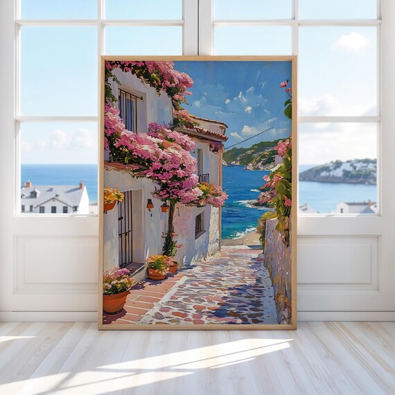 Mediterranean Coastal Street Bougainvillea White Houses Seaside Oil Painting Poster