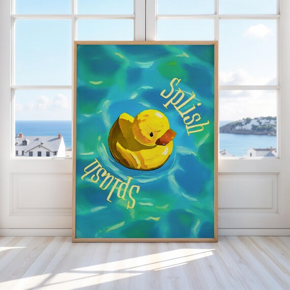 Splish Splash Rubber Duck Turquoise Water Kids Bathroom Poster