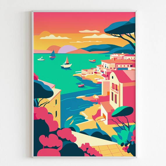 Pink Sunset View Illustration Poster Mediterranean Islands Print Island Wall Art Colorful Travel Prints Art Decor