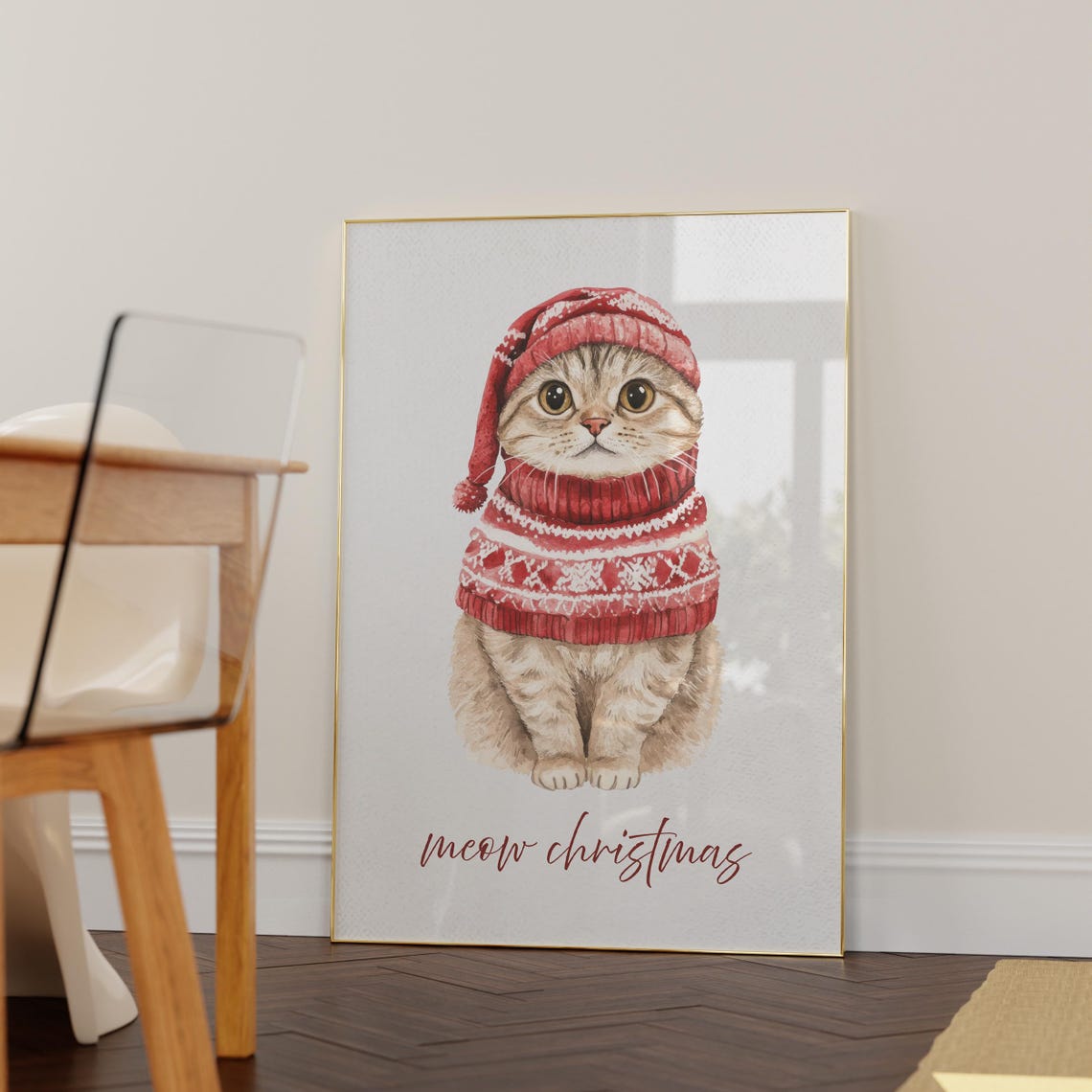 Meow Christmas Kitten Red Sweater Watercolor Cute Holiday Cat Poster