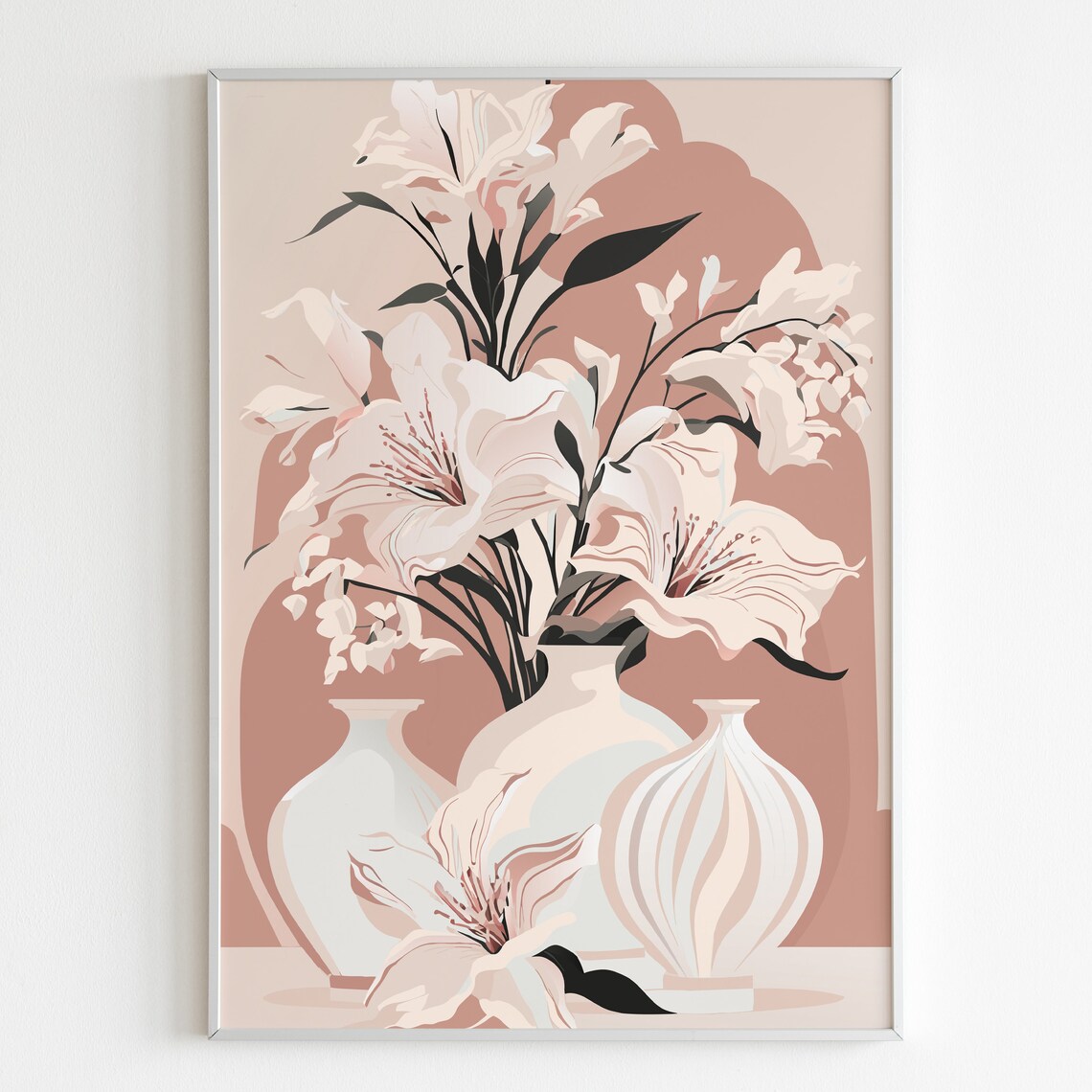 Blush Pink Lilies In White Vases Neutral Floral Illustration Poster