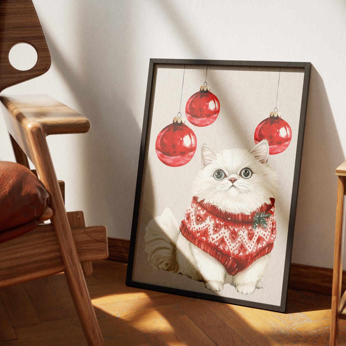 White Persian Cat Christmas Sweater Red Baubles Cute Wall Poster - Image 3