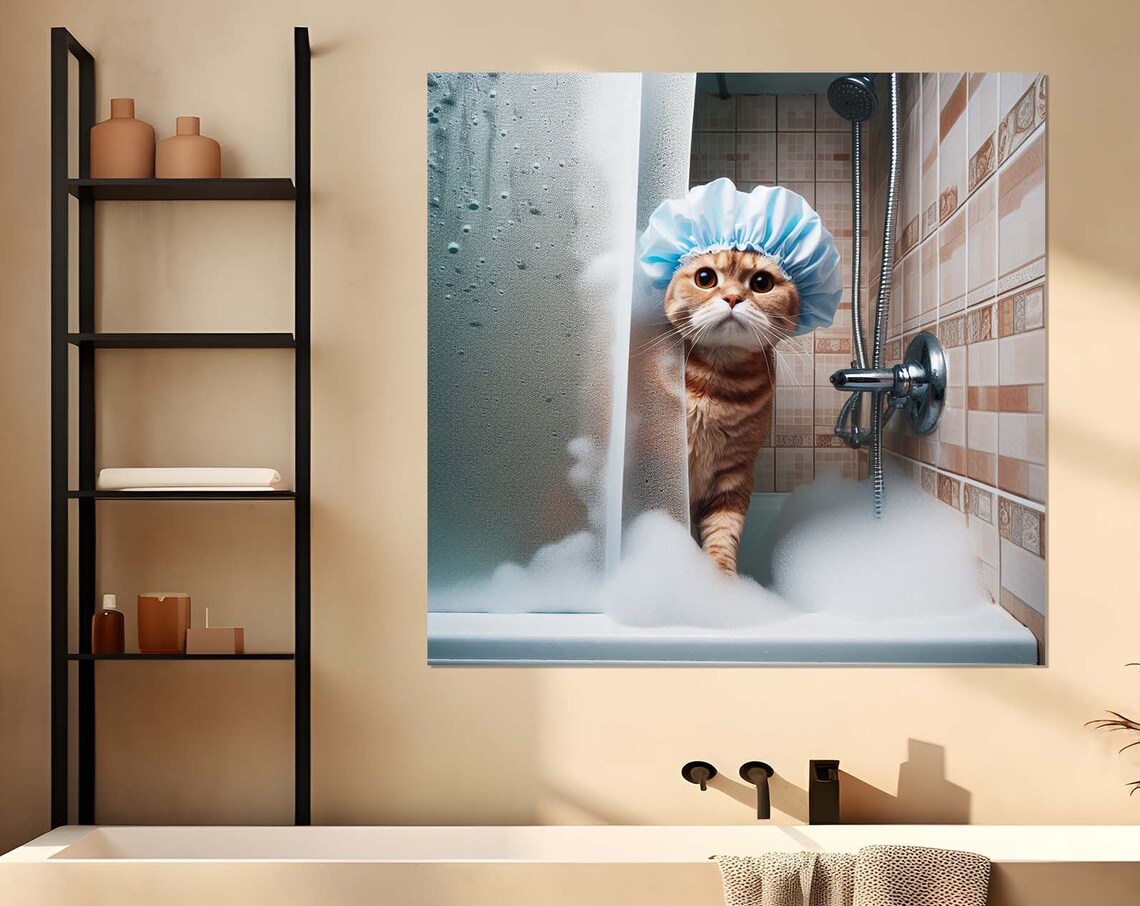 Cute Cat In The Bathroom, Bathroom Wall Art Print