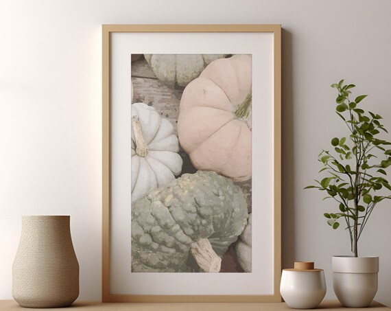 Blush Pink And White Pumpkins Sage Gourd Fall Watercolor Art Poster