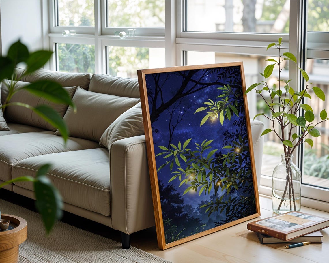 Magical Forest Night Wall Art Firefly Glow Landscape Starry Sky Nature Scene For Bedroom Or Meditation Space - Image 2