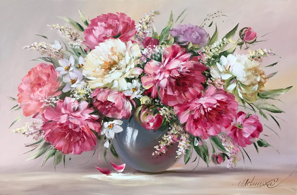Pink Peonies Painting On Peony Wall Art Pink Peonies Art Flower Bouquet Oil Painting Peonies Wall Art Still Life Painting Of Flowers