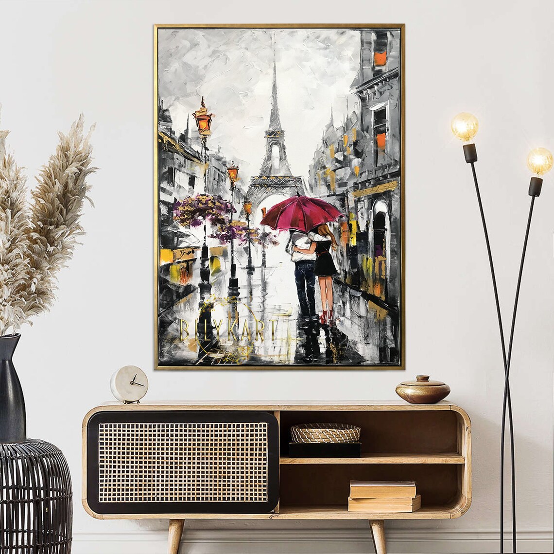 Couple Red Umbrella Eiffel Tower Rainy Paris Street Love Art Poster - Image 2