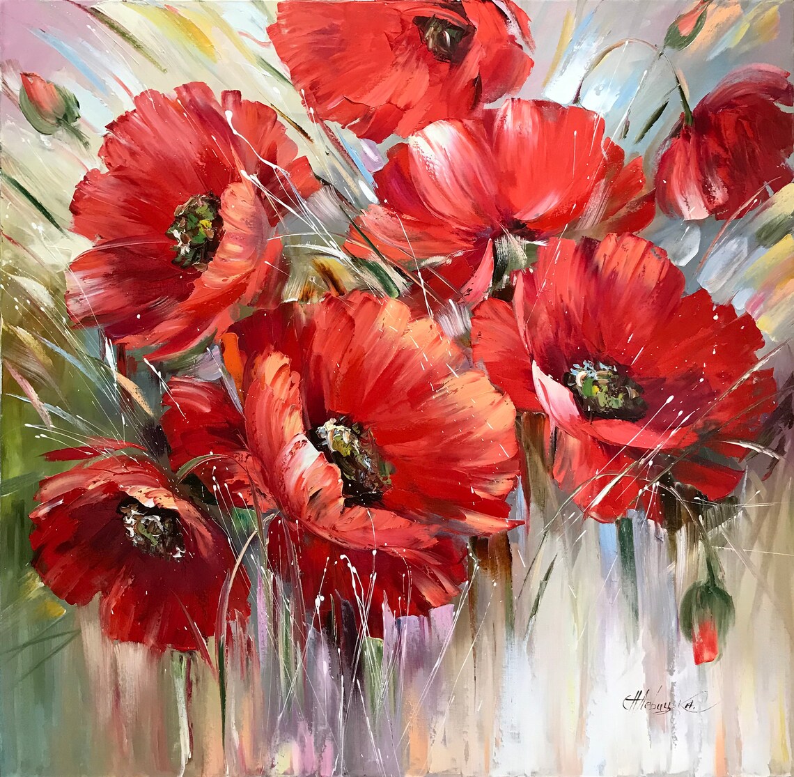 Red Poppies Bouquet Impressionist Oil Painting Square Floral Poster - Image 2