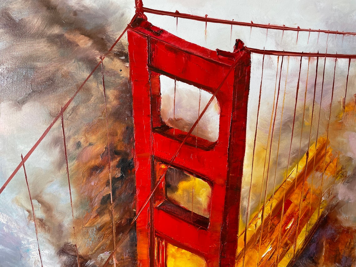 California Painting San Francisco Wall Art Golden Gate Bridge Oil Painting Karl The Fog Bay Area Painting 40x30 Blue Red Sf Wall Art - Image 3