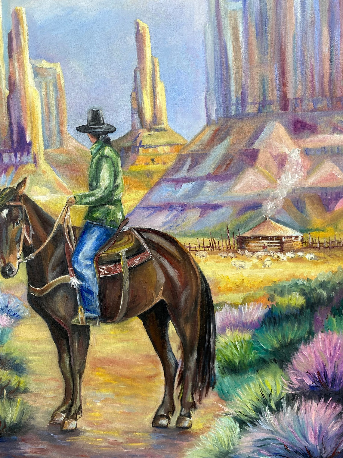 Cowboy Painting On Western Oil Painting Original Art Framed Modern Western Art Cowboy Painting Of Desert Cowboy Riding Horse Painting - Image 3
