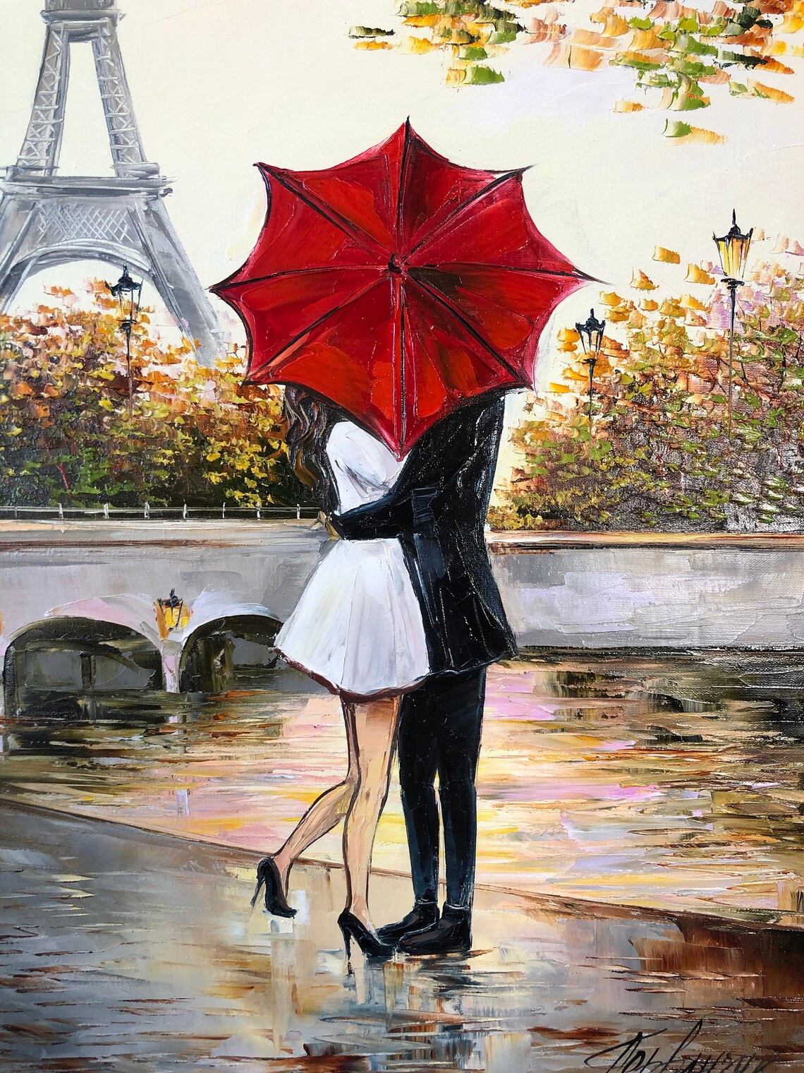 Couple Kissing Under Red Umbrella Painting Romantic Wall Art For Bedroom Lovers Painting Romance Artwork Paris Scenery Autumn Oil Painting - Image 2