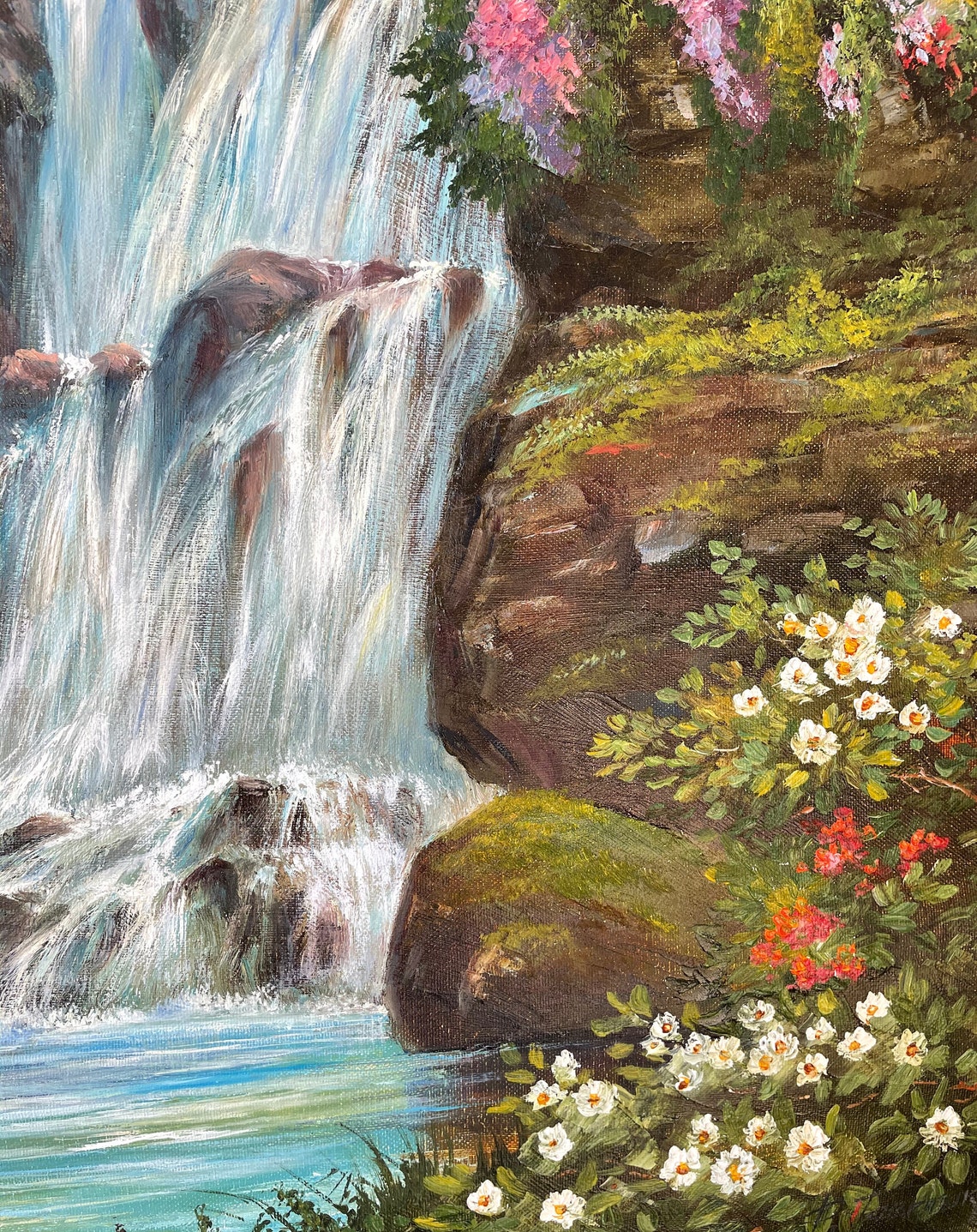 Tropical Waterfall In Blooming Forest Paradise Landscape Painting - Image 2