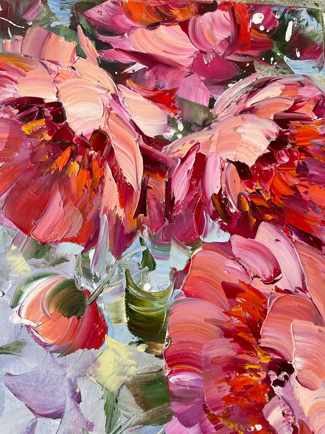 Red Peonies Painting Original Art Flowers Small Painting Red Floral Small Art For Kitchen Wall 12x20 Art Peony Flower Oil Painting On - Image 2