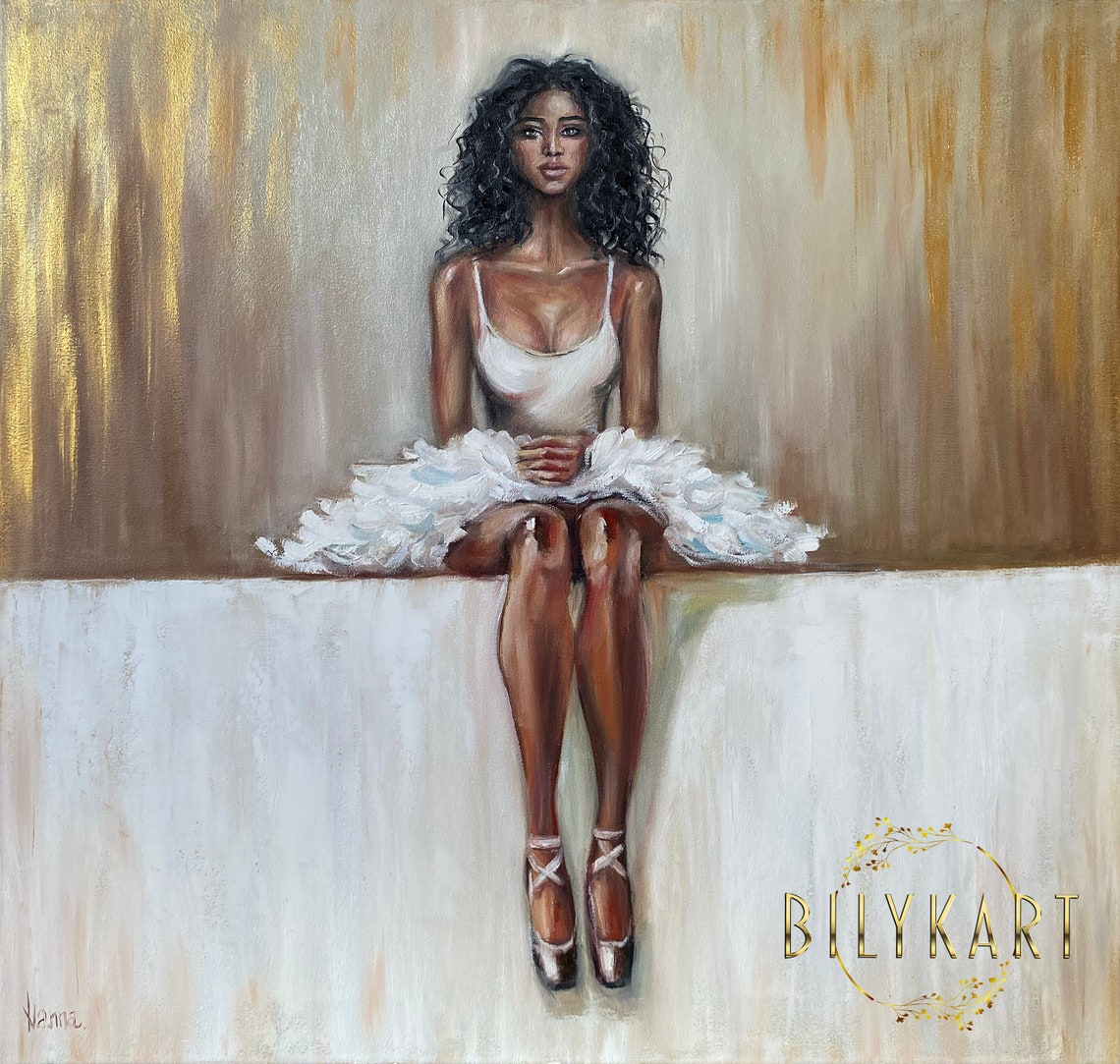 Contemporary Ballerina Painting On Gold White Ballet Wall Art African Girl Oil Painting Ballerina Sitting Art Ballet Artwork For Sale