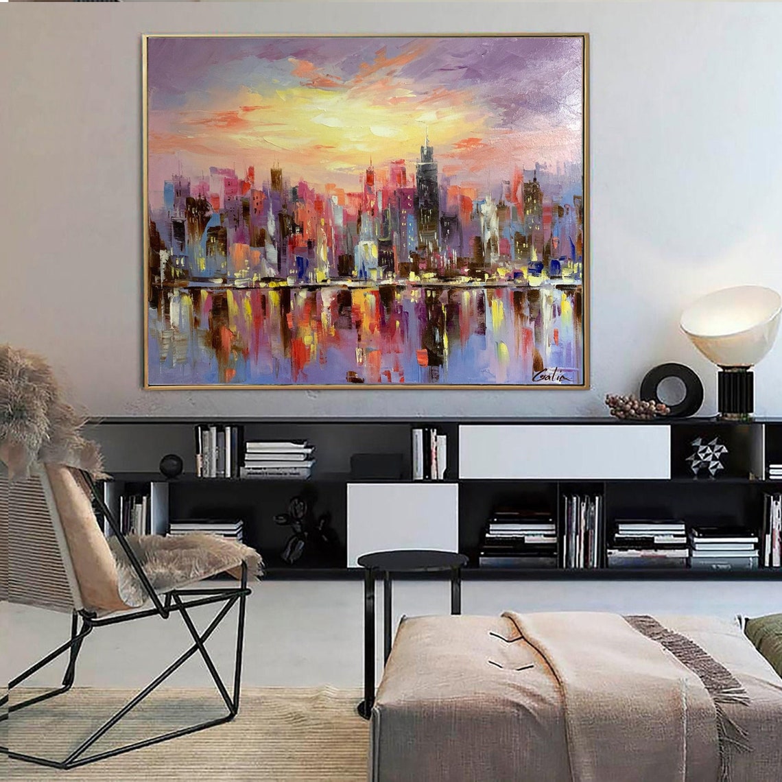 Chicago Skyline Sunset Colorful City Reflection Impasto Art Poster - Image 3