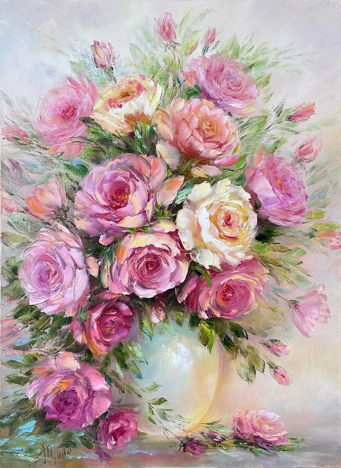 Pink Roses Oil Painting Original Flowers In A Vase Painting Classic Wall Art Pink Flowers Art Roses Bouquet Oil Painting Art Gift For Her
