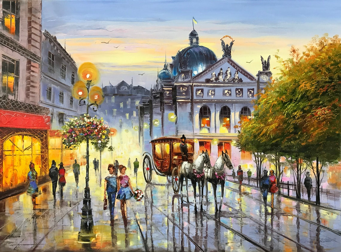 Large City Painting On European City Wall Art City Scape Oil Painting Original Architecture Painting European Street Scene Painting
