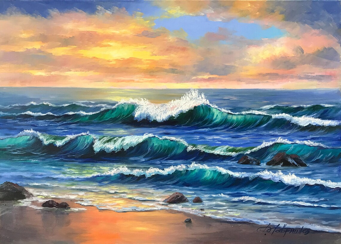 Turquoise Ocean Waves Golden Sunset Beach Seascape Oil Painting Poster