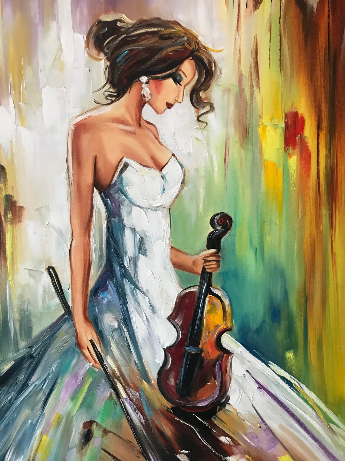 Woman With Violin Painting On Girl Violinist Art Lady In Dress Painting Girl Music Art Painting Of Violin Art Violinist Gift - Image 2