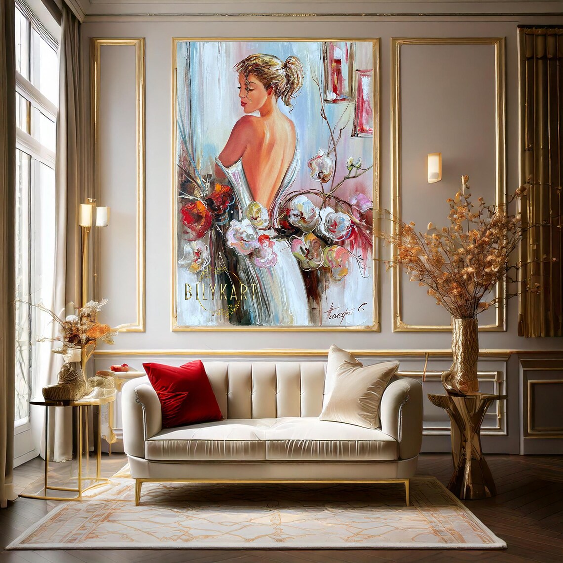 Elegant Woman Looking at Flowers, Sensual Art Print - Image 3