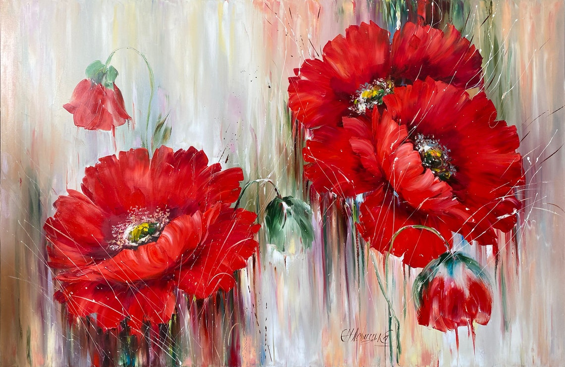 Red Poppies Painting Handpainted Flowers Wall Art Decor 32x24 Red Flower Painting On Large Poppy Painting Original Floral Oil Art - Image 3