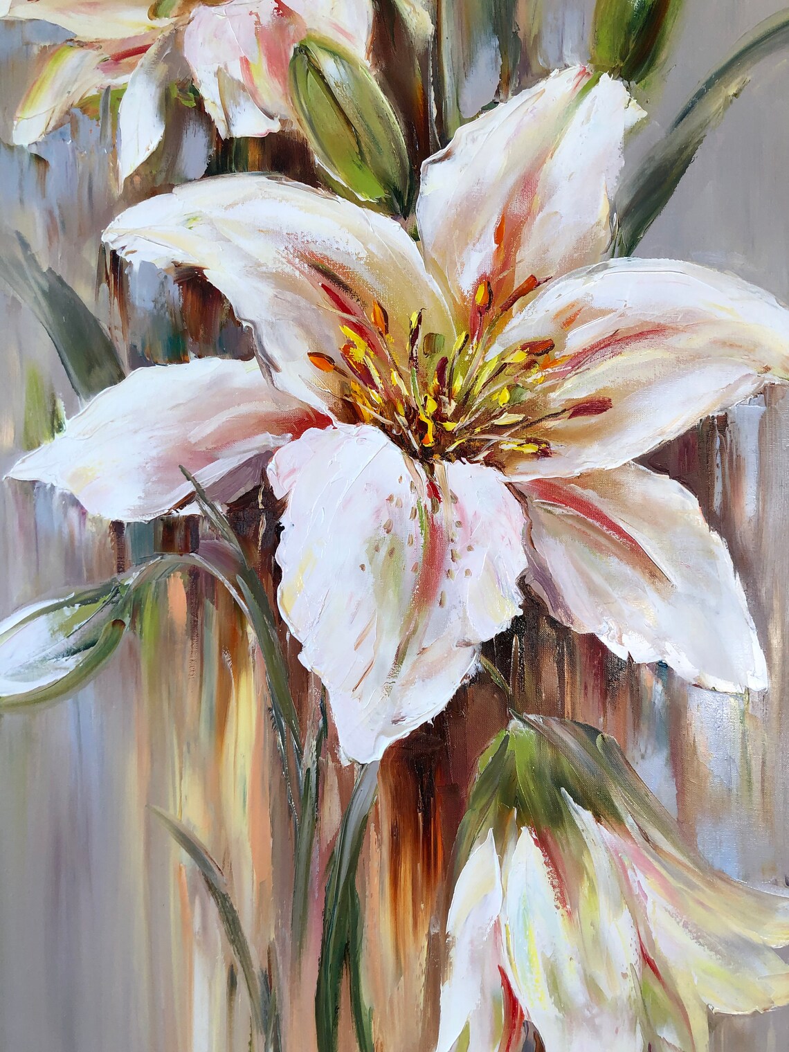Peach White Lilies Tall Narrow Abstract Taupe Floral Wall Art Poster - Image 3