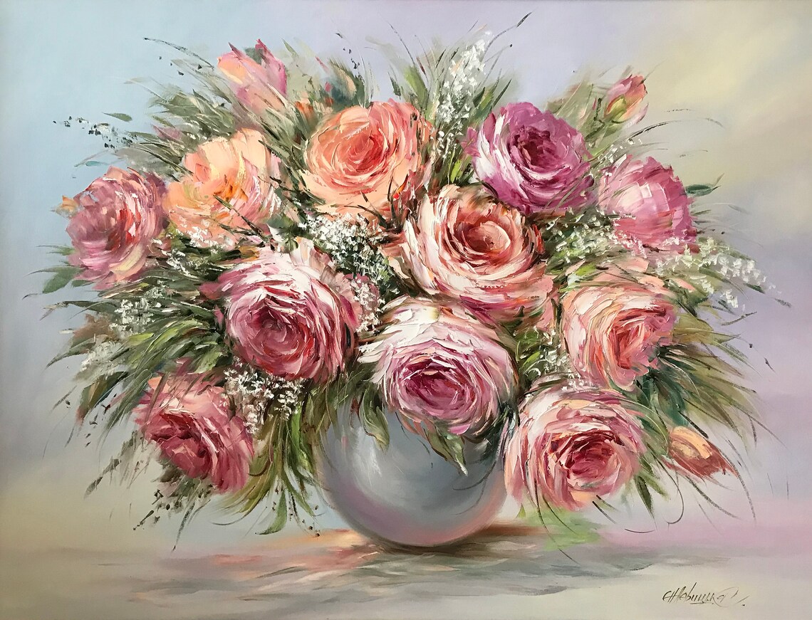 Custom Pink Rose Bridal Bouquet Oil Painting Print