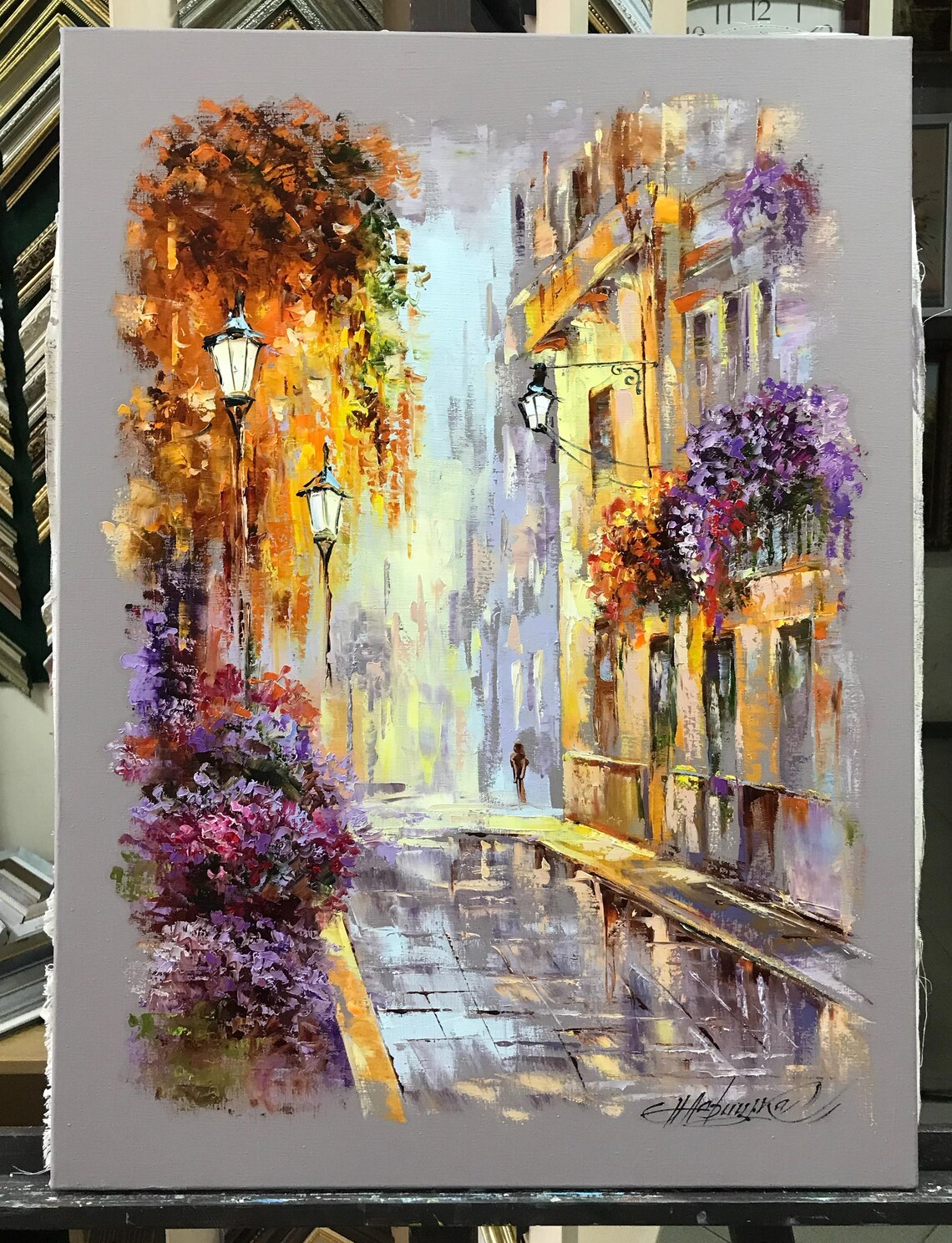 Italian Village Rainy Street Lamp Flower Balcony Oil Painting Poster - Image 2