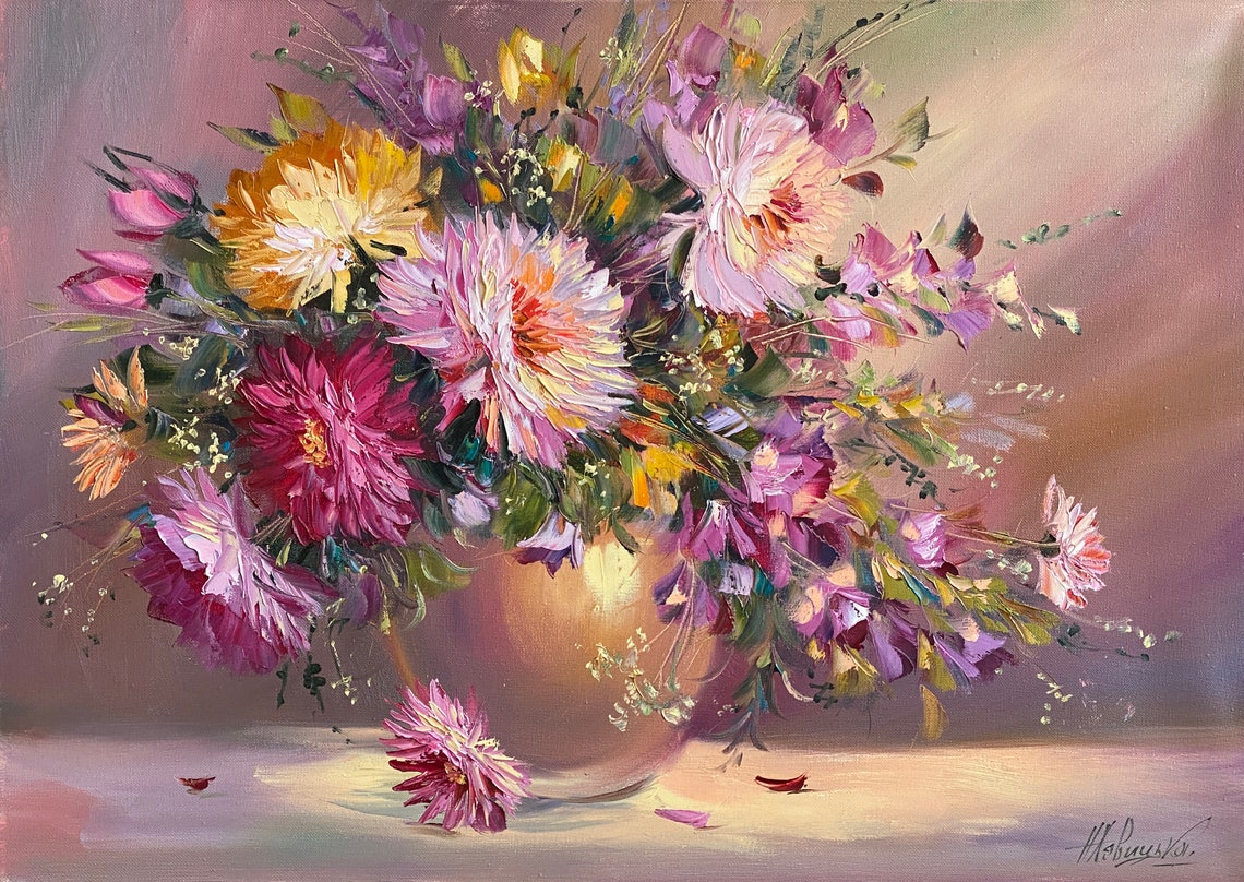 Large Flowers Oil Painting Original Chrysanthemum Wall Art Pink Floral Oil Artwork Summer Flowers In Vase Painting On 30x40