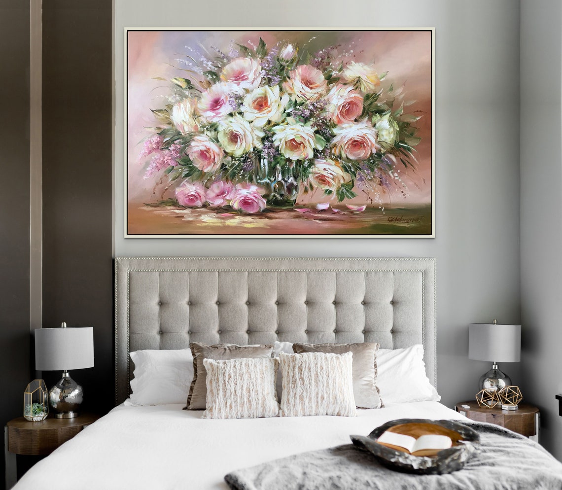 Roses Bouquet Oil Paintings Original Flowers In A Vase Paintings Classic Artwork Pink Flowers Art Roses Flower Oil Painting Art Gift For Her - Image 3