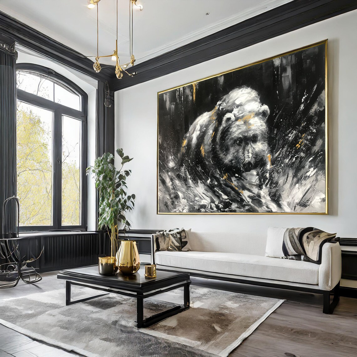 Black White Bear Charging Gold Accent Abstract Wildlife Oil Painting Poster - Image 2