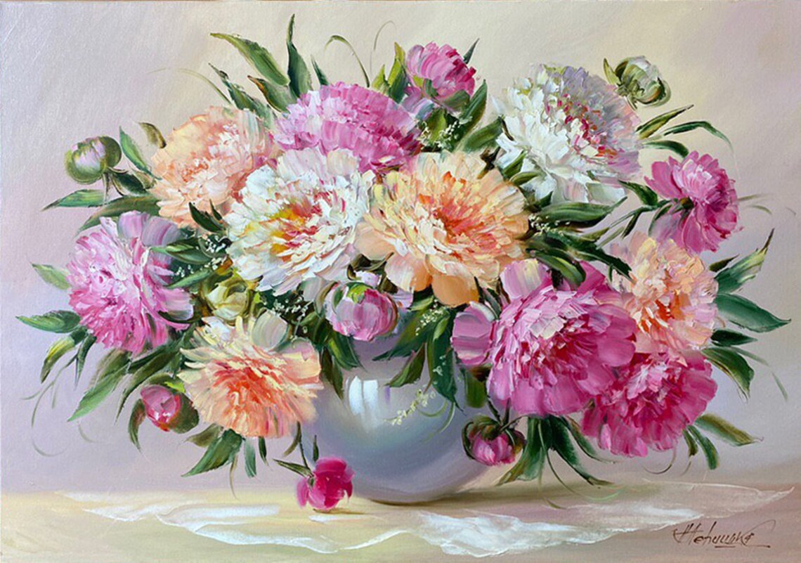Pink White Peony Bouquet Vase Oil Painting Pastel Floral Art Poster