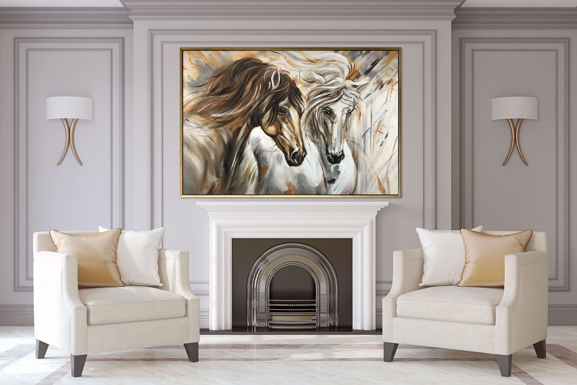 Large Horse Oil Painting On Abstract Wild Horse Art Two Horses Equestrian Painting Arabian Horse Artwork Large White Horse Painting - Image 2