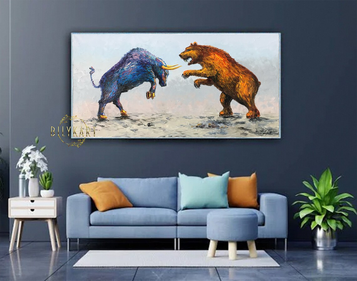 Bull Versus Bear Blue Orange Palette Knife Stock Market Art Poster - Image 2