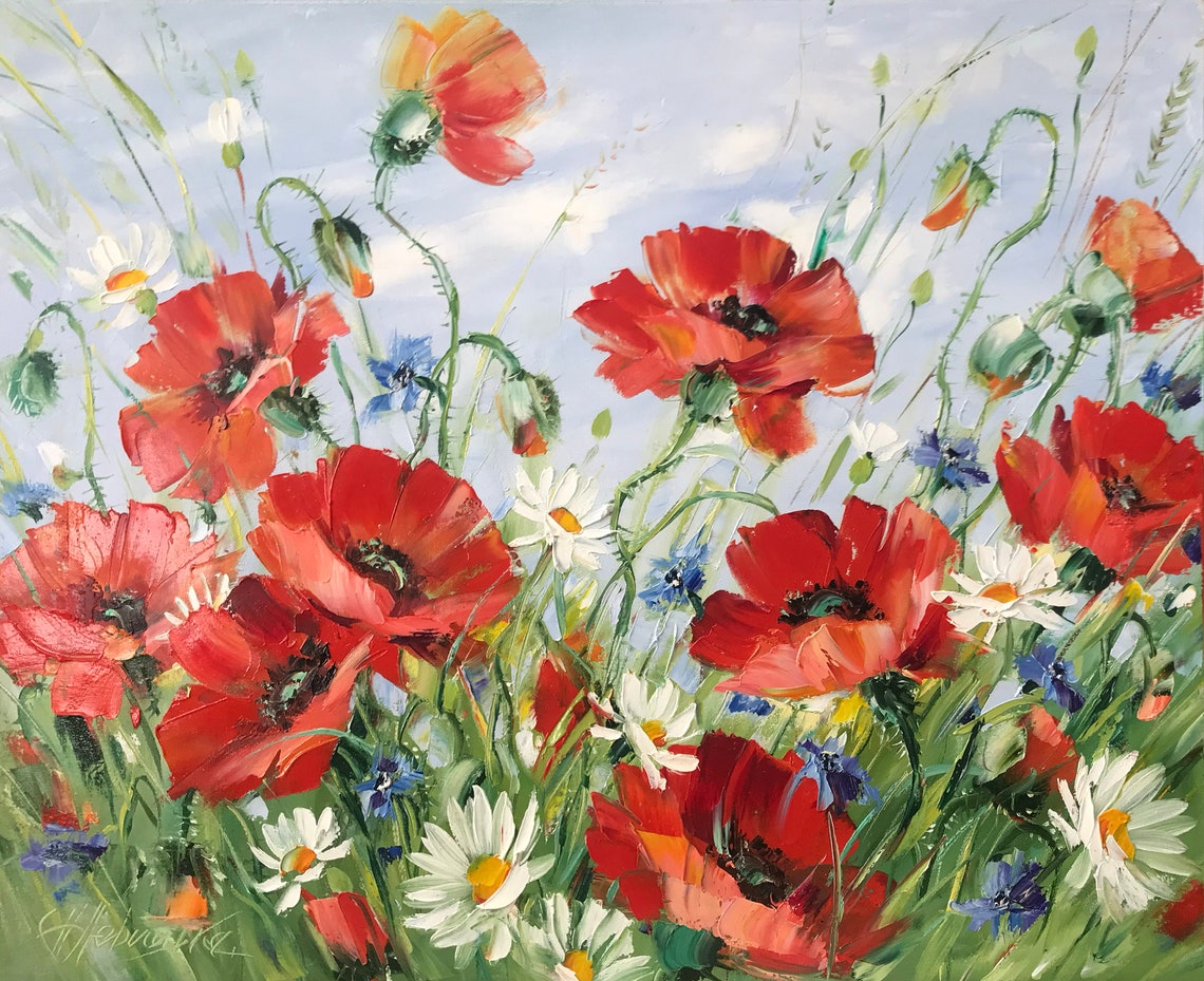 Poppy Field Oil Painting Original Art Work Red Poppies Painting On Wildflowers Art Floral Meadow Painting Ukrainian Poppy Wall Art