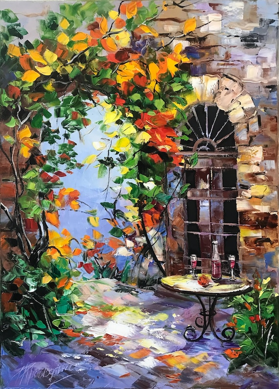 Italian Wine Courtyard Autumn Vines Stone Arch Door Oil Painting Poster