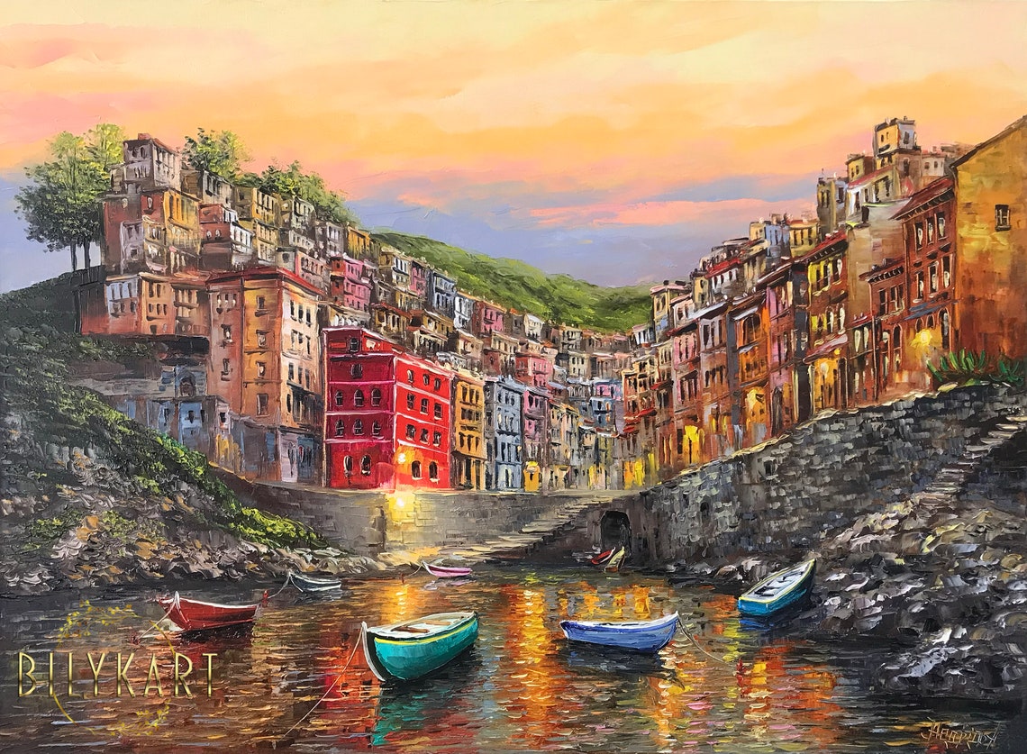 Cinque Terre Italy Painting Original Italian Village Oil Painting Italian Coastal Art Cinque Terre Artwork Italy Coast Art Cinque Terre Art