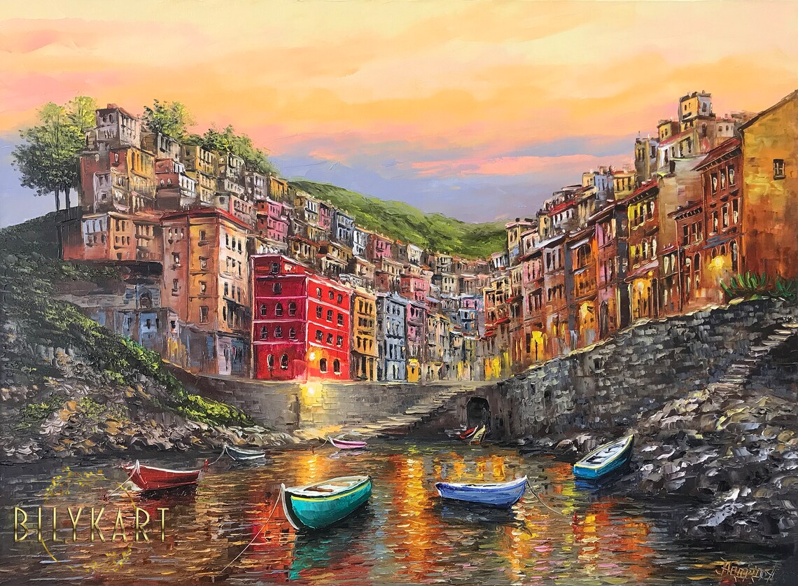 Cinque Terre Italy Riomaggiore Sunset Harbor Boats Oil Painting Poster
