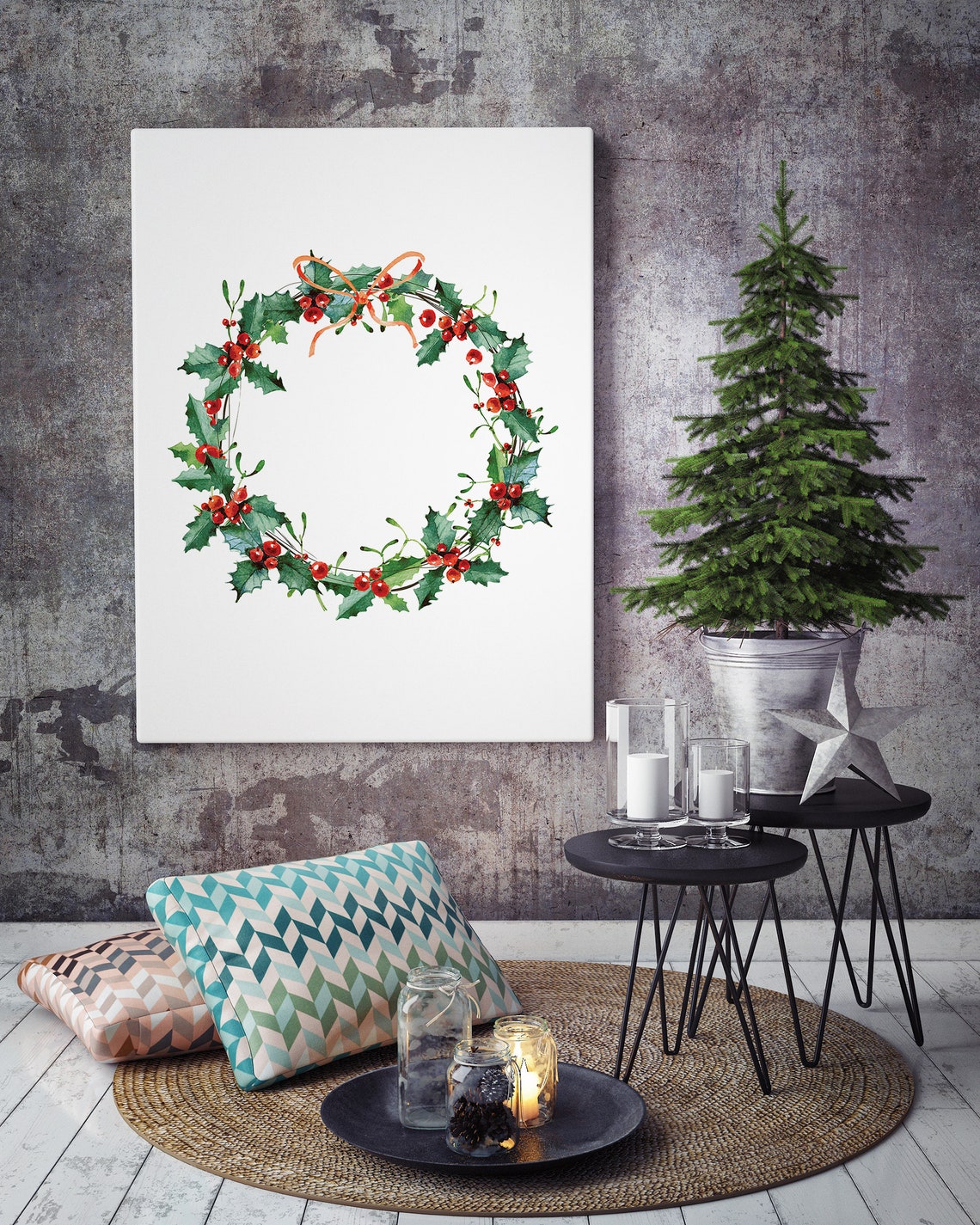 Christmas Holly Berry Wreath Watercolor Holiday Wall Decor Art Print - Image 3