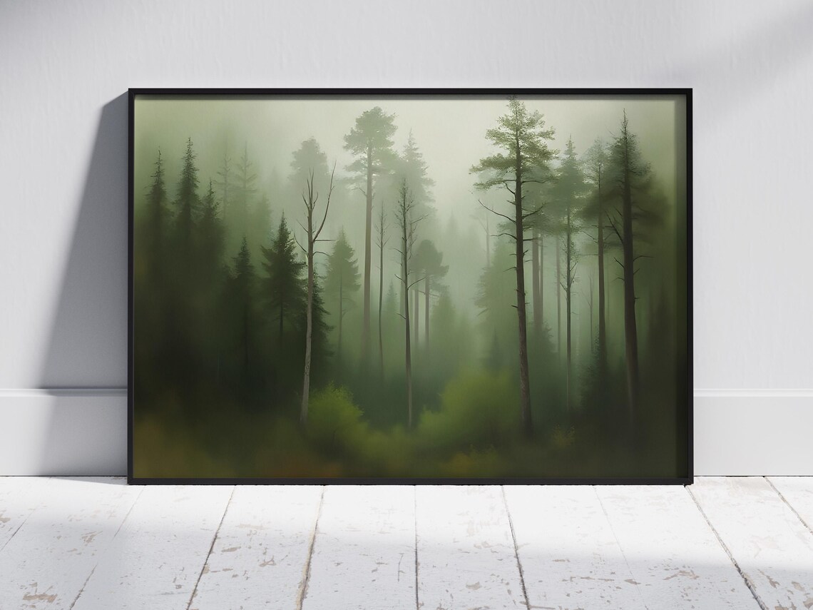 Foggy Forest Bare Pine Trees Moody Green Nature Landscape Poster