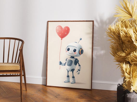 Smiling Robot Heart Balloon Print Minimalist Pastel Nursery Art