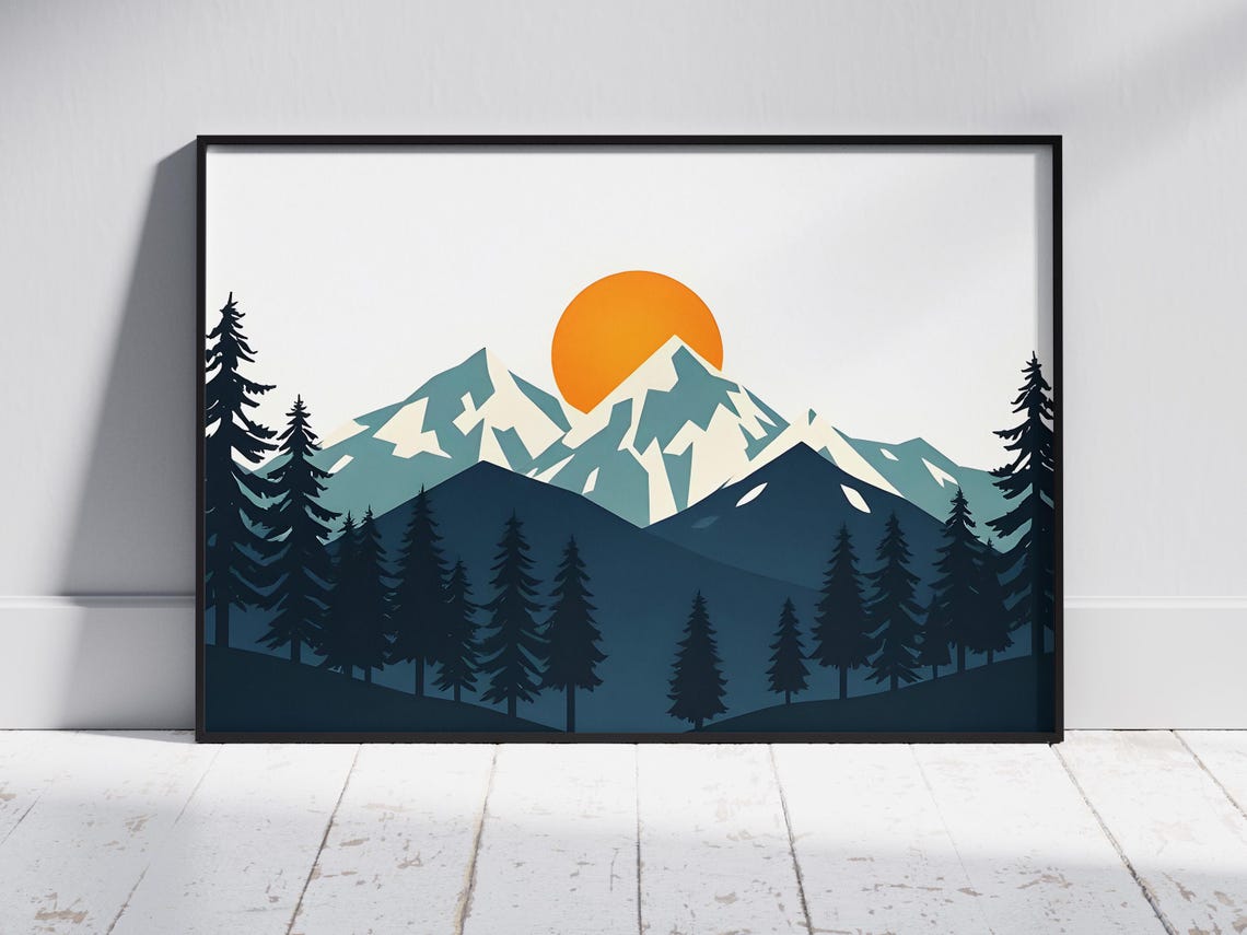 Snowy Mountain Peaks With Orange Sun Dark Pine Forest Art Poster
