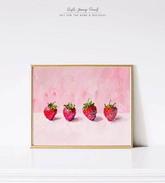 Pink Strawberries Art Print Wall Art Painting Food Art Poster Fruit Kitchen Decor Kitchen Wall Art
