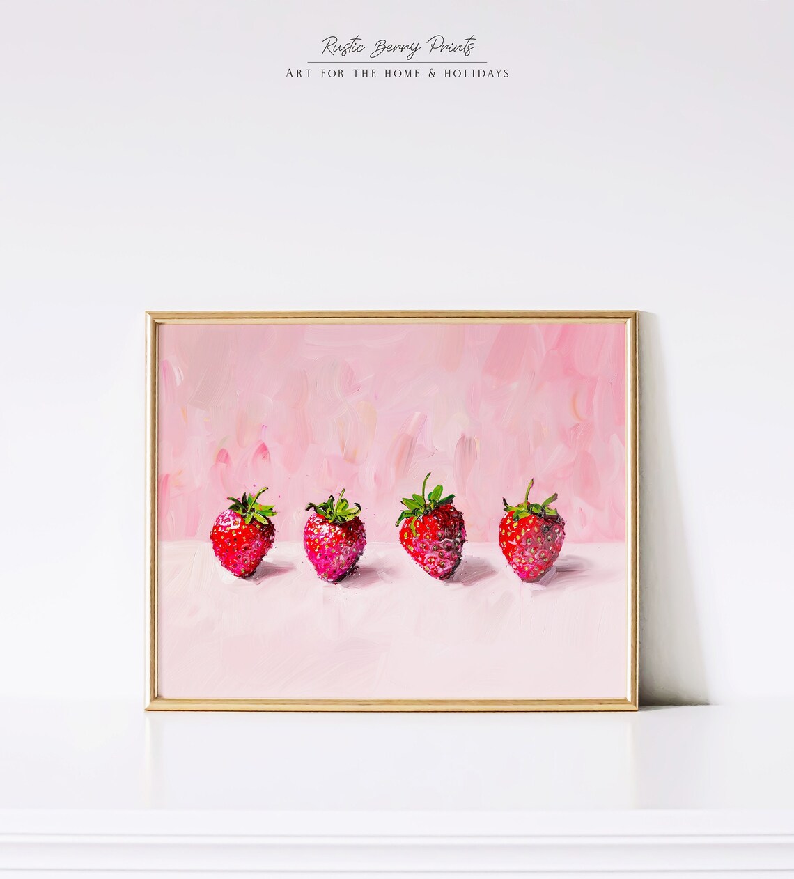 Four Strawberries In A Row Pink Background Oil Painting Kitchen Poster