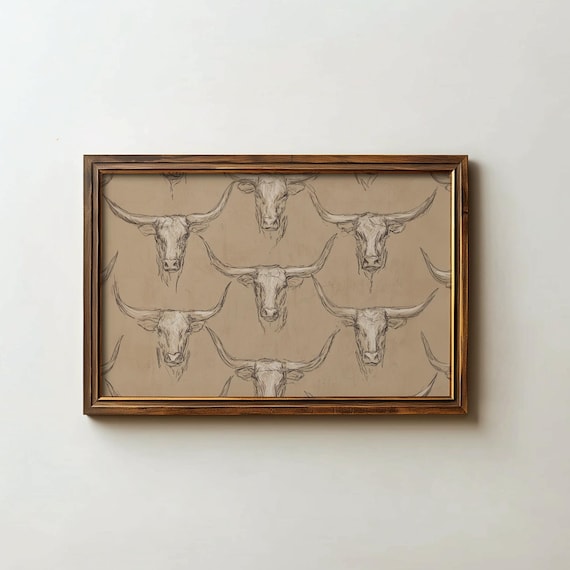 Longhorn Western Wall Art Southwestern Cow Skull Sketch Rustic Decor